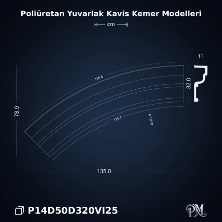 P14D50D320VI25 Poliüretan Yuvarlak Kavis Kemer Modelleri Poliüretan 32 cm Kesit Yuvarlak Kavis Kemer Dekoratif Profil