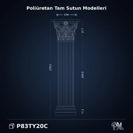 Poliüretan Yivli Gövdeli Korint Başlıklı Tam Sütun 36x279 cm