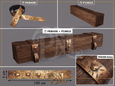 PKB40B Poliüretan Kiriş Bandı Modelleri Kauçuk Eskitme Bakır Perçinli Dekoratif Kiriş Bandı 4 cm