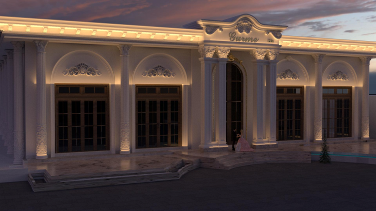 Tokat Gürme düğün salonu dıs cephe dekorasyonu Tokat Gürme Düğün Salonu projesinde salonun mimari tasarımını 3D olarak modelledik yüksek kaliteli render görsellerini hazırladık ve projede kullanılan tüm poliüretan dekoratif ürünleri kendi tesislerimizde ürettik Tasarım ve üretim sürecini uçtan uca yöneterek estetik dayanıklı ve özel ölçülere uygun çözümler sunduk
