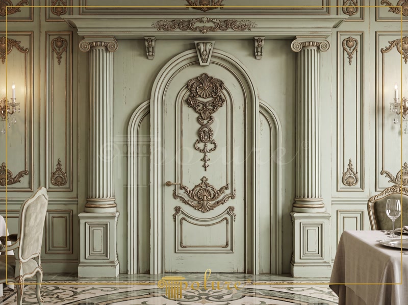 Poliüretan Duvar Paneli ve Pilaster Sütun Modelleri Yeşil zemin üzerine altın rengi vurgularla uygulanmış poliüretan pilaster sütun, duvar çıtası ve motifli köşe süslemeleri.