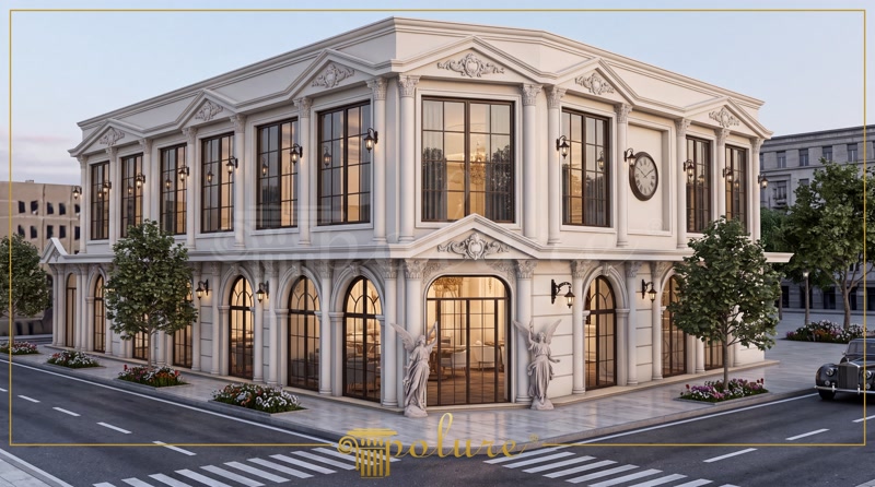 Dış Cephe Giriş Kapıları İçin Poliüretan Kemer ve Sütun Modelleri Bina dış cephesinde kapı girişine uygulanan poliüretan tam sütun, kemer, kilit taşı ve pilaster dekorasyonu.
