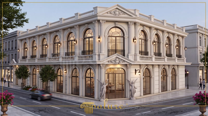 Dış Cephe Giriş Kapıları İçin Poliüretan Kemer ve Sütun Modelleri Bina dış cephesinde kapı girişine uygulanan poliüretan tam sütun, kemer, kilit taşı ve pilaster dekorasyonu.