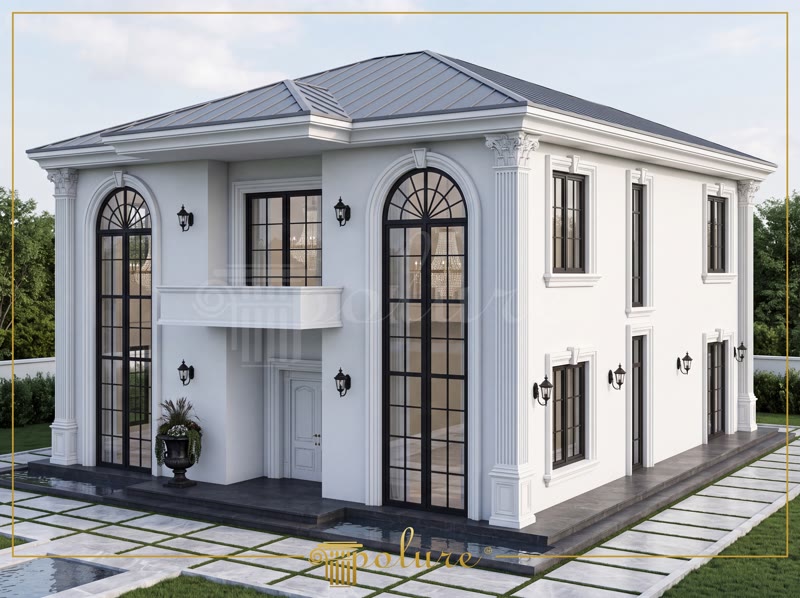 Dış Cephe Giriş Kapıları İçin Poliüretan Kemer ve Sütun Modelleri Bina dış cephesinde kapı girişine uygulanan poliüretan tam sütun, kemer, kilit taşı ve pilaster dekorasyonu.