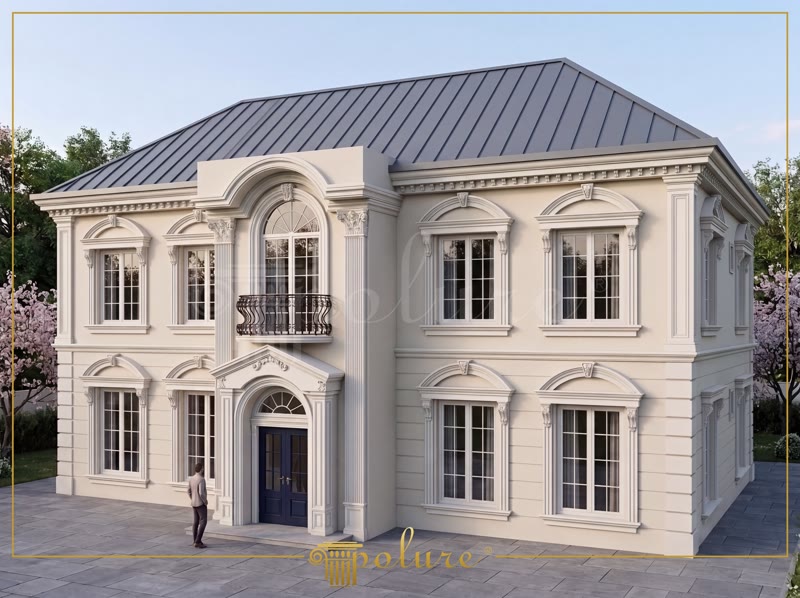 Dış Cephe Giriş Kapıları İçin Poliüretan Kemer ve Sütun Modelleri Bina dış cephesinde kapı girişine uygulanan poliüretan tam sütun, kemer, kilit taşı ve pilaster dekorasyonu.