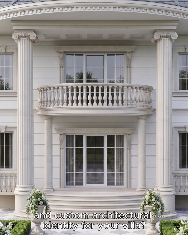 Villa dış cephesinde beyaz sütunlu balkon detayları görülüyor