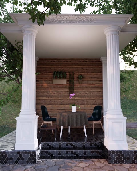 Aydınlık pergola köşesinde sütunlu oturma grubu görünüyor