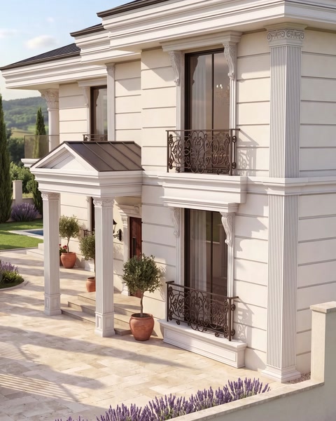 İki katlı villa cephesi taş sütun ve pencere söveleriyle