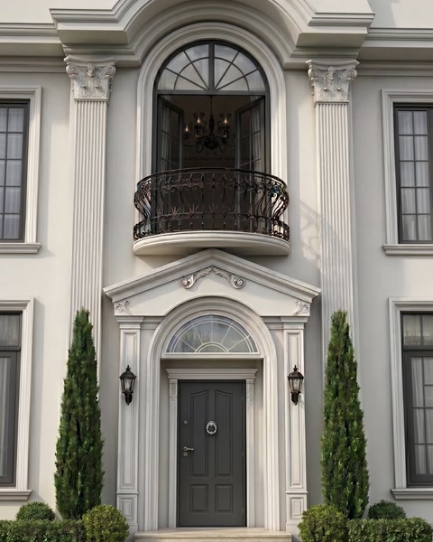 Villa girişinde sütunlu kapı çevresi ve balkon korkuluğu