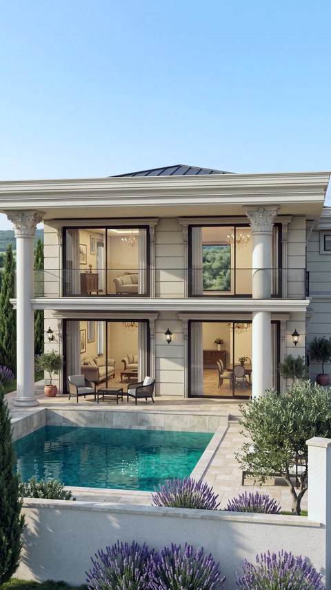 Sütunlar ve yatay silmelerle biçimlendirilmiş modern villa cephesi