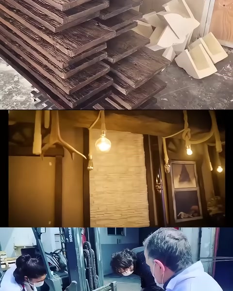 Atölyede üst üste istiflenmiş kahverengi ahşap dokulu parçalar