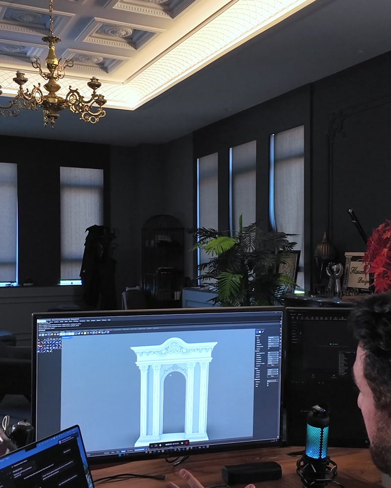 Bilgisayar ekranında kemerli giriş kapısı 3D tasarımı, ofis genel görünümü