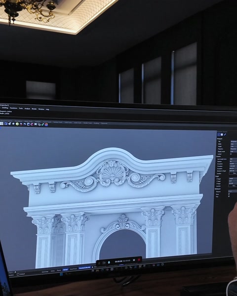 Alınlık göbeğinde istiridye motifi 3D modelde yakından görünüyor