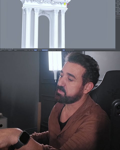 Sütunlu kapı cephesi 3D modeli ekranda, tasarımcı anlatıyor