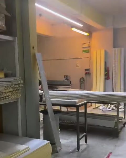 Kesim tezgâhı ve uzun profillerin bulunduğu üretim alanı