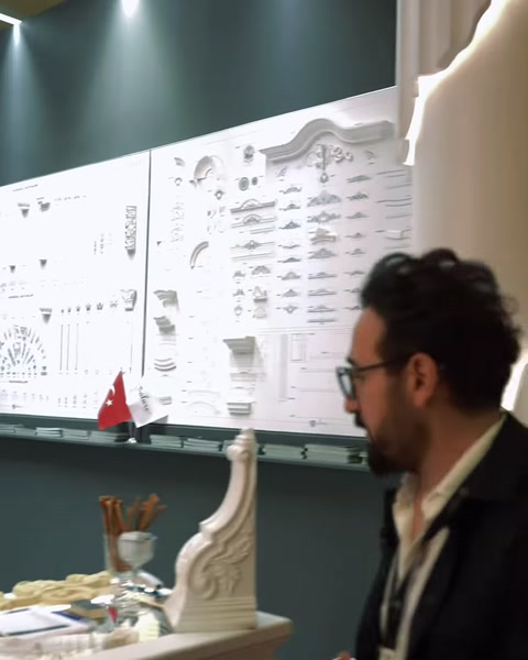Teknik çizimler ve minyatür ürün numunelerinin sergilendiği pano