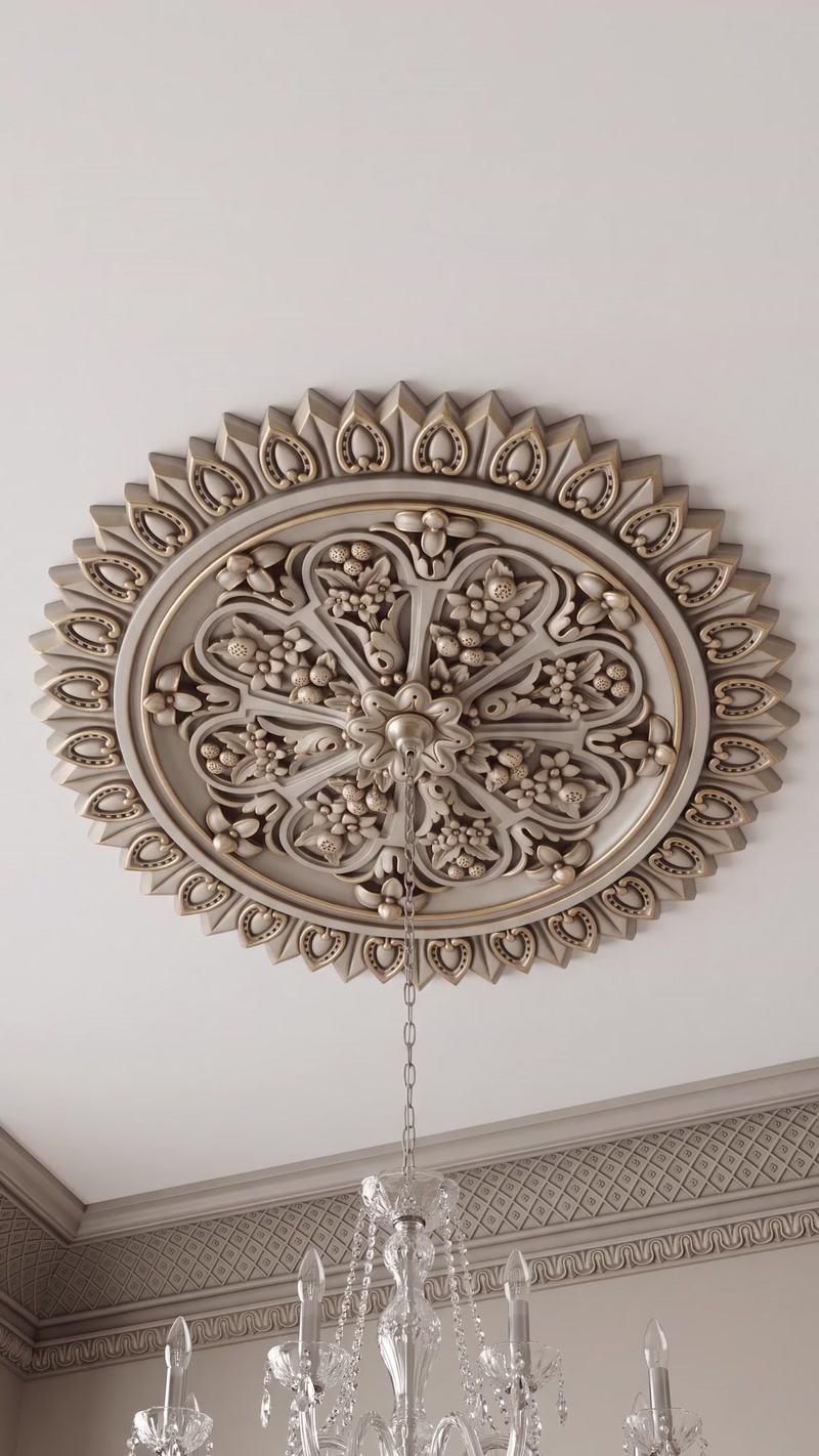 Altın tonlu oval göbek modeli klasik duvar üzerinde uygulanmış