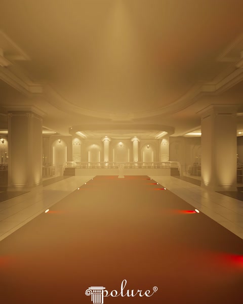 Derin perspektifli 3D render, ışıklı tavan ve kırmızı halı