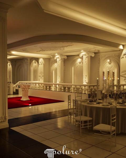 3D render salon, masa düzeni ve sütunlu iç mekan