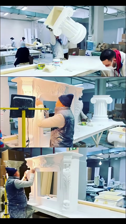 Atölyede işlem gören masa tablası ve sütun biçimli ayaklar