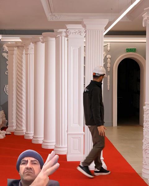 Kare pilaster ile yuvarlak sütunların oluşturduğu ürün sırası görülüyor.