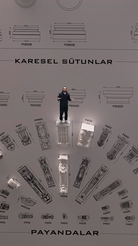Teknik çizimler ile ölçekli sütun parçaları aynı panoda sunuluyor