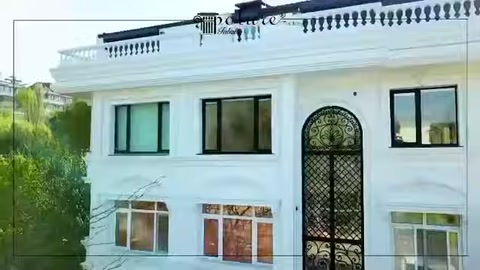 Beyaz cephede pencere söveleri ve kemerli merkezi bölüm