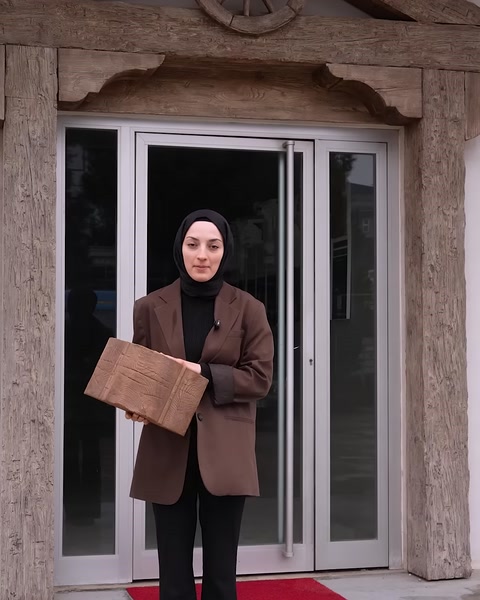 Ahşap dokulu dekoratif kiriş parçası giriş önünde sergileniyor