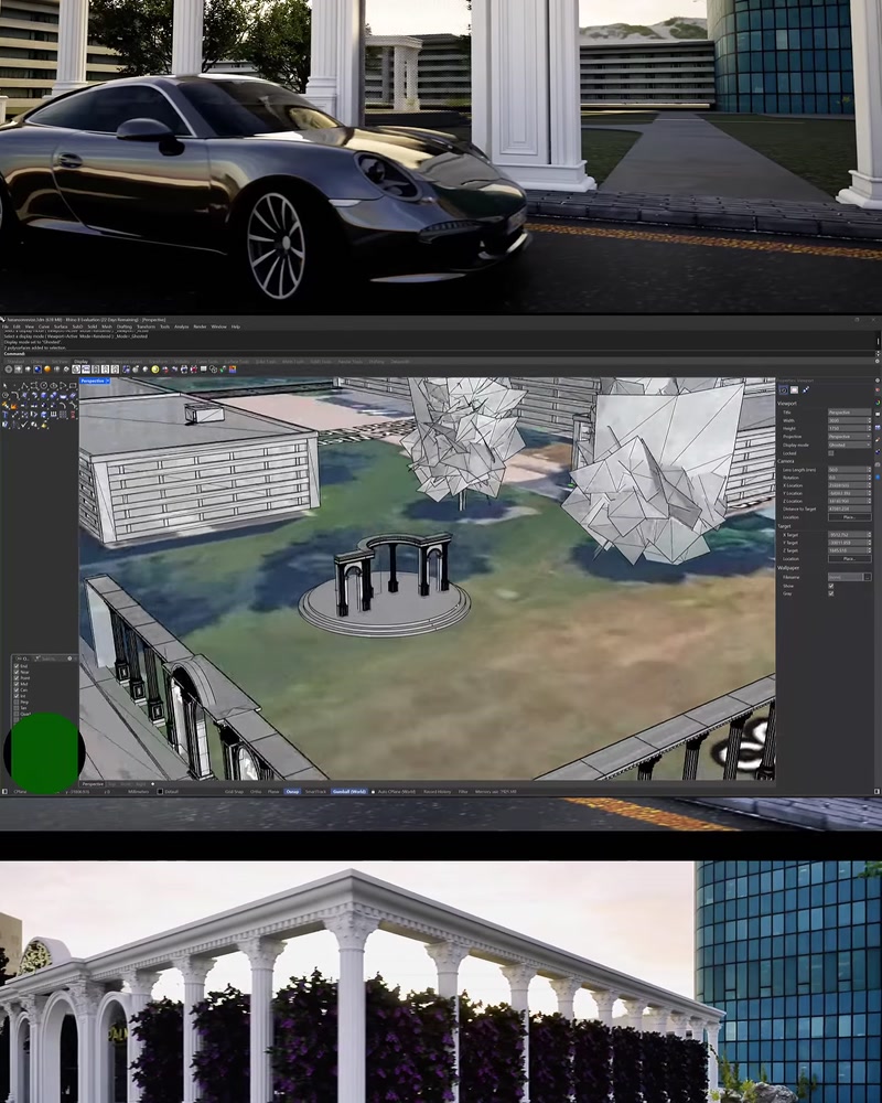 Lüks otomobil ve arka planda kemerli sütun sistemi 3D render görünümü