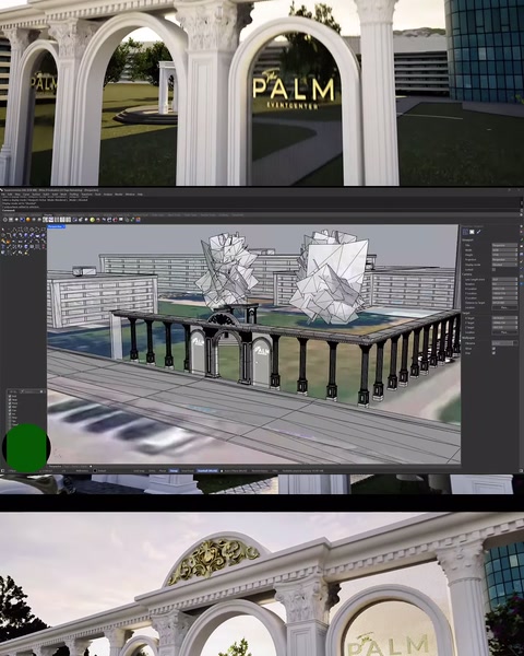 Yazılı giriş kemeri ve sütunlu galeri render görüntüsü