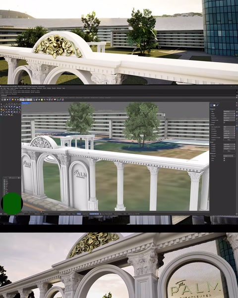 Kemerli galeri sisteminin farklı açıdan detay render görüntüsü