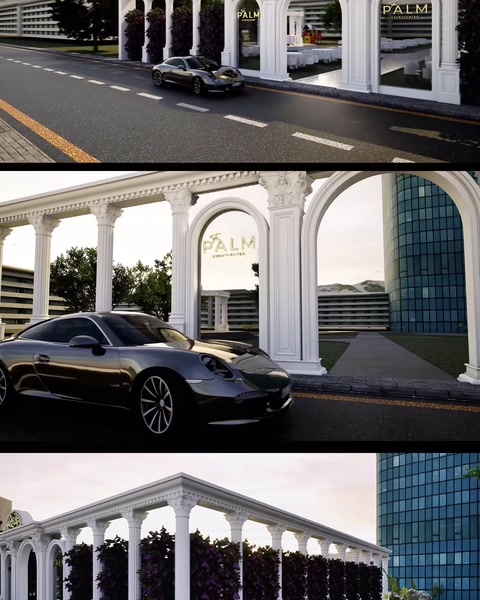 Kemer altında park eden araç ve tabela render görüntüsü
