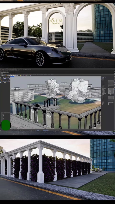 Köşe yerleşimli sütun ve kemerlerin 3D modelleme ekranındaki görünümü