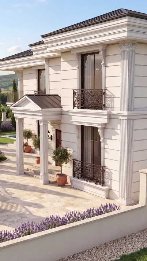 Cephe profilleri, balkonlar ve sütunlu giriş birlikte modelleniyor