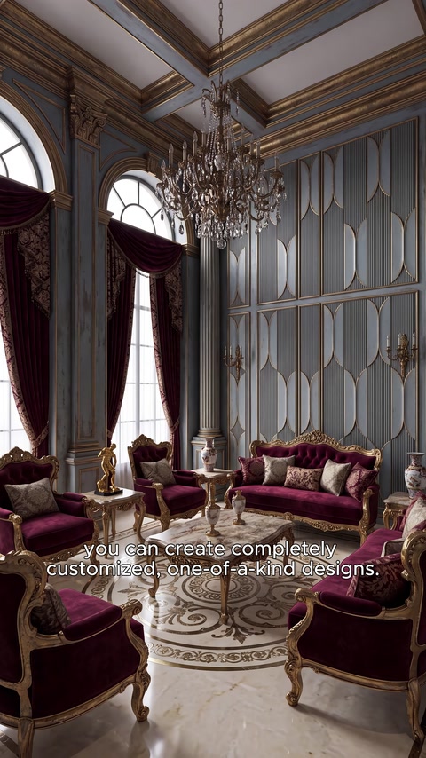 Gri ve altın detaylı paneller yüksek salon duvarını süslüyor