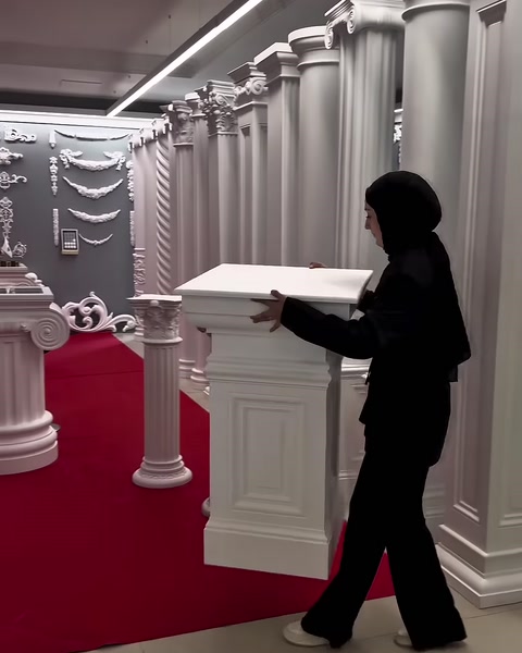 Katmanlı kare tabla geniş dekoratif kaidenin üzerine taşınıyor