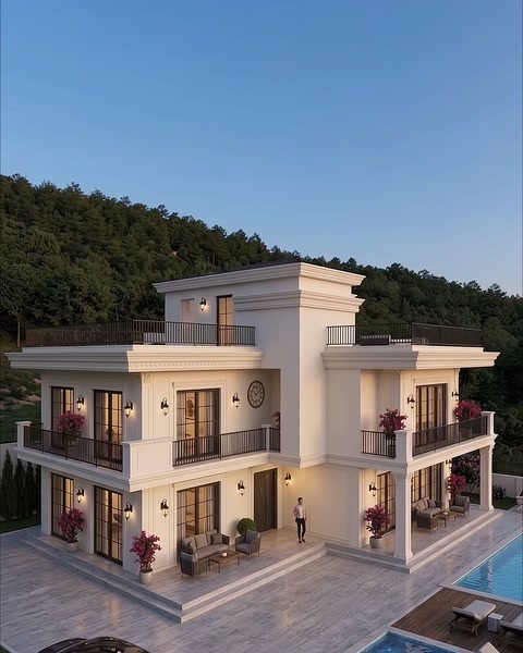 Balkonlu ve havuzlu villa kuş bakışı dış cephe görseli