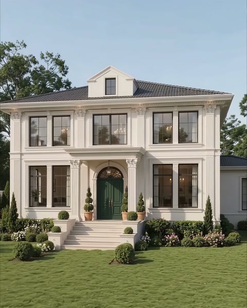 Yeşil kapılı bahçeli klasik villa ön cephe görseli