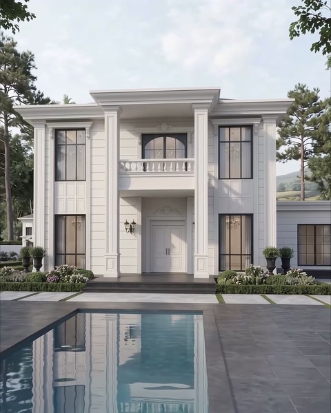 Havuz kenarında iki katlı beyaz villa cephe tasarımı