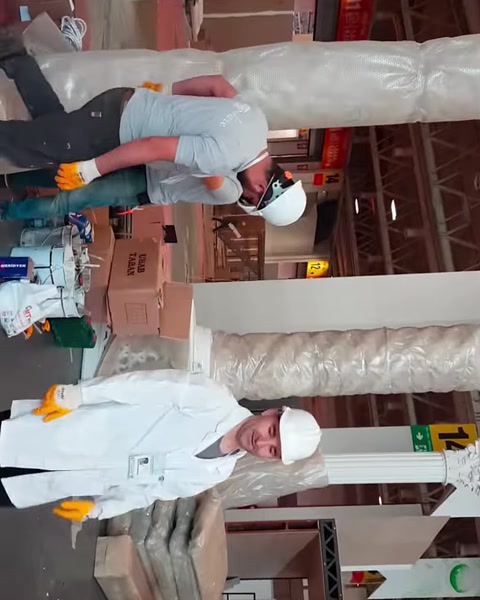 Ustalar kıvrımlı sütun yüzeyine boya uygulaması gerçekleştiriyor