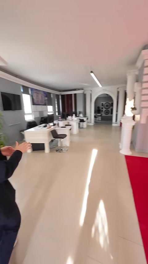 Showroomun genelinde sütunlar ve çeşitli dekoratif ürünler görülüyor.