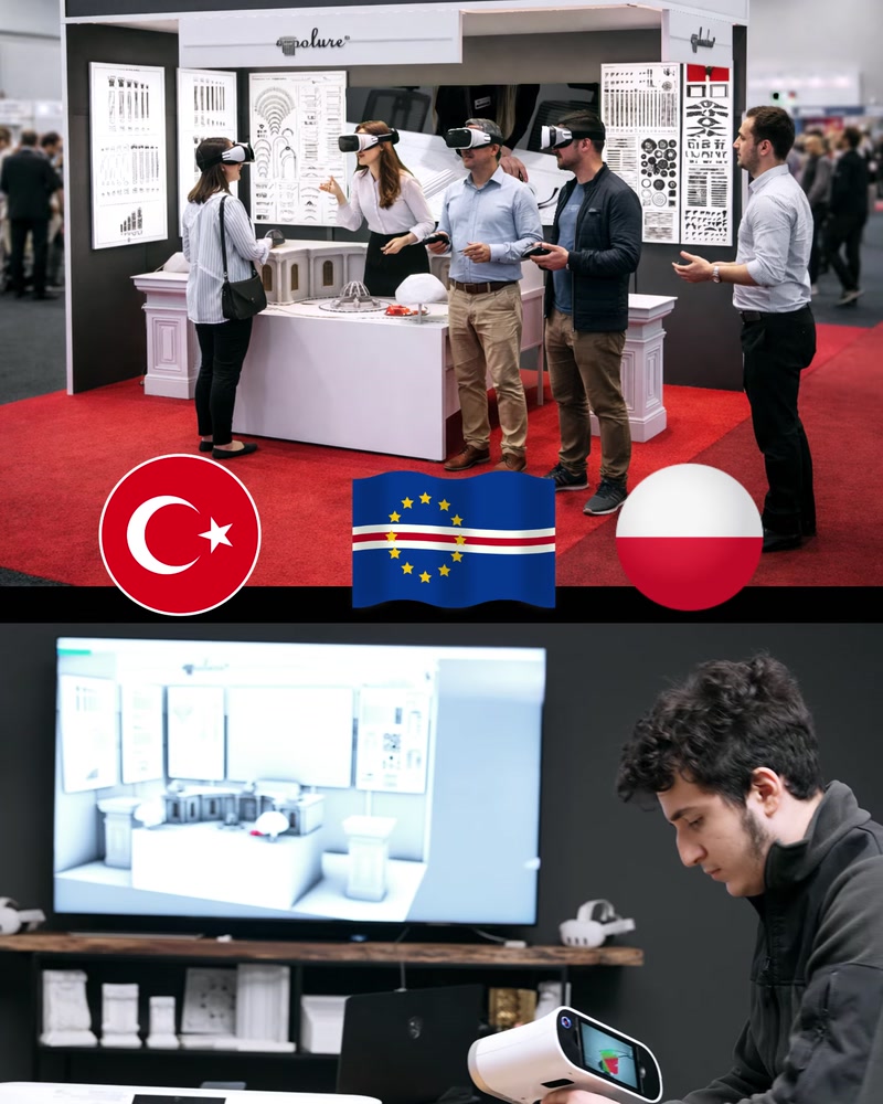 Fuar standında mimari tasarım ekranı ve dekoratif ürün numuneleri