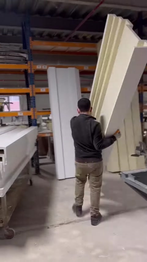 Çalışan, uzun poliüretan profil parçasını üretim alanında dikey taşıyor.