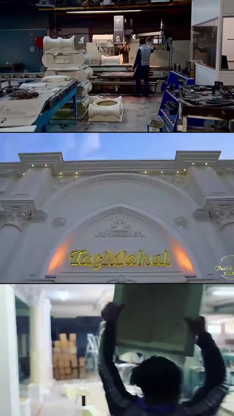 Üretim tezgâhı, kemerli giriş süslemesi ve profiller aynı karede.