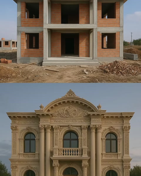 Kemerli pencereler, sütunlar ve kabartmalarla süslenmiş gösterişli cephe