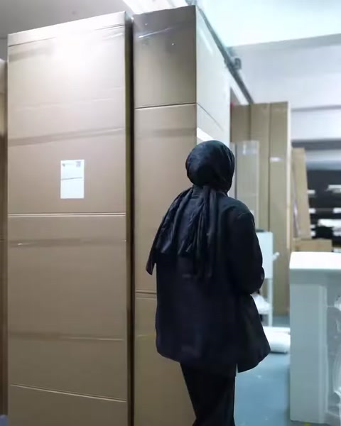 Görevli, yüksek koliler arasından üretim ve paketleme alanına ilerliyor