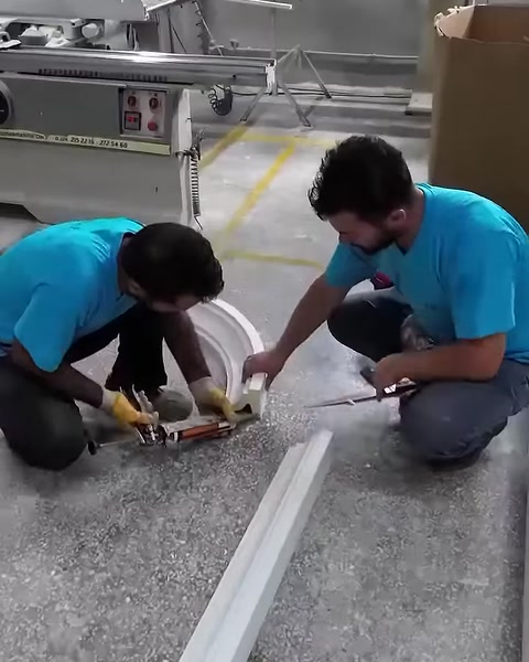 Ustalar kemer söve parçalarını atölye zemininde birlikte monte ediyor