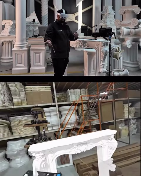 Dekoratif şömine modeli raflı üretim alanında bütün olarak görülüyor