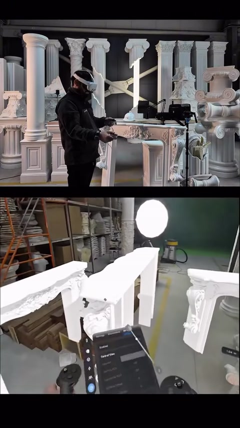 Ayrı konumlandırılan iki beyaz şömine modeli atölyeyi dolduruyor.