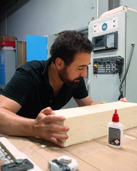 Poliüretan blok parçaları yapıştırma işlemiyle birleştiriliyor